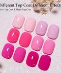 Hema Free Pink Gel Nail Polish Set With 6 Colors 10ml Each Soak Off Gel Polish Kit showing gloss and matte top coat effects
