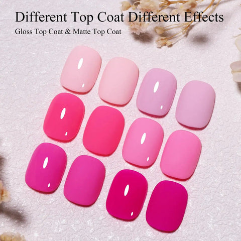 Hema Free Pink Gel Nail Polish Set With 6 Colors 10ml Each Soak Off Gel Polish Kit showing gloss and matte top coat effects