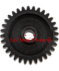 Close-up of hardened steel 48P pinion gear showing 3.175mm shaft diameter