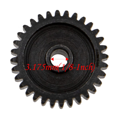 Close-up of hardened steel 48P pinion gear showing 3.175mm shaft diameter