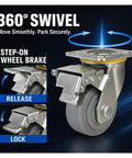 Badass Four Inch Heavy Duty TPR Swivel Casters With Foot Lock Brakes And Reinforced Steel Plates showing 360° swivel and step-on brake