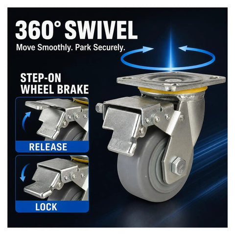 Badass Four Inch Heavy Duty TPR Swivel Casters With Foot Lock Brakes And Reinforced Steel Plates showing 360° swivel and step-on brake