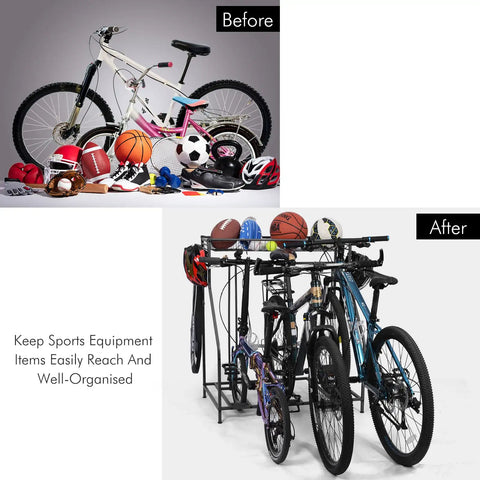 Before and after organizing sports gear using Three Bike Stand Rack For Garage Storage And Indoor Outdoor Use, Adjustable Slots Fits Mountain, Hybrid, And Kids Bikes With 4.2 Inch, 2.5 Inch, And 1.2 Inch Widths, Holds Three Bicycles Securely.