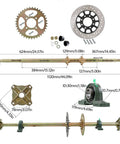 Diagram of 44 Inch Rear Axle Kit for Go Karts, including 1120mm length, 1.3 inch thick live axle, 24T spline, 530 chain sprocket, 220mm brake disc