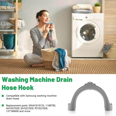 Universal U Shaped Drain Hose Hook For Washer, Dishwasher And Sink Hoses Easy Install U Bend Hose Holder For Secure No Fuss Mount Fits Most Brands Including Samsung And GE. Grey plastic washer drain hose hook, U-shaped, shown with Samsung-compatible drain hose use.