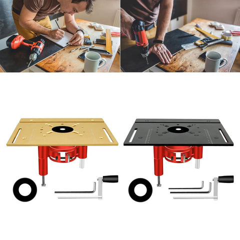Dead Nuts Secure Router Table Lift System For 2.51 To 2.56 Inch Motors, heavy-duty lift kit parts in gold and black.
