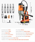 VEVOR magnetic drill press front view; orange housing with base and assorted drill bits and accessories