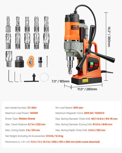 VEVOR magnetic drill press front view; orange housing with base and assorted drill bits and accessories