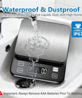 Waterproof Kitchen Scale With 0.1g Precision, 10kg Capacity, USB Rechargeable, Backlit Display, shown under running water
