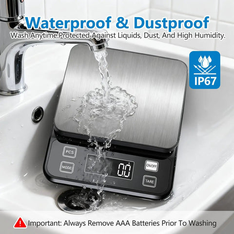 Waterproof Kitchen Scale With 0.1g Precision, 10kg Capacity, USB Rechargeable, Backlit Display, shown under running water
