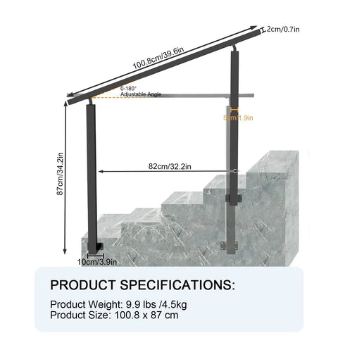 Rock Solid Heavy Duty Black Iron Handrail For Outdoor Steps And Porches Ready To Install Side Mount Staircase Railing dimensions and specifications.