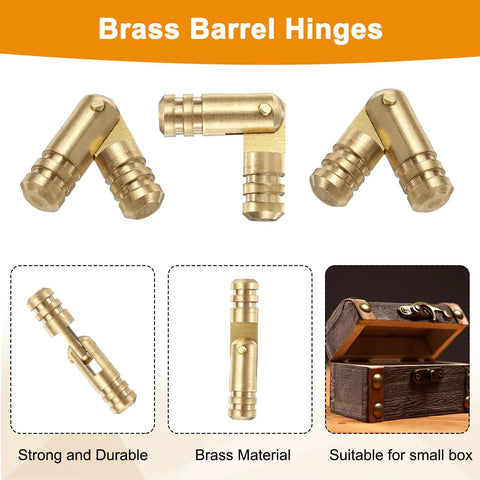 20Pcs Brass Hidden Barrel Hinges 5x25mm Concealed Hinges For Jewelry Boxes in gold finish, shown in various angles and installation.