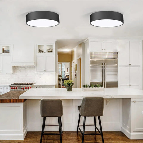 Two Light Flush Mount Ceiling Light With Slick Matte Black Frame And White Acrylic Shade, 11.8 Inch in modern kitchen