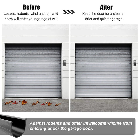 Wayne Dalton garage door bottom weather seal replacement (16 ft) shown in before/after comparison on a gray roll-up door.