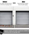 Comparison of garage doors with and without Replacement Garage Door Bottom Weather Seal For TS125 TS150 8300 5150 9100 9600 9700 9800 9400 451 216 220 464 8650 8000 8100 8200 20 Feet Long Heavy Duty Weather Stripping To Stop Drafts Water And Cold Air Seepage, showing before with leaves and after without debris.