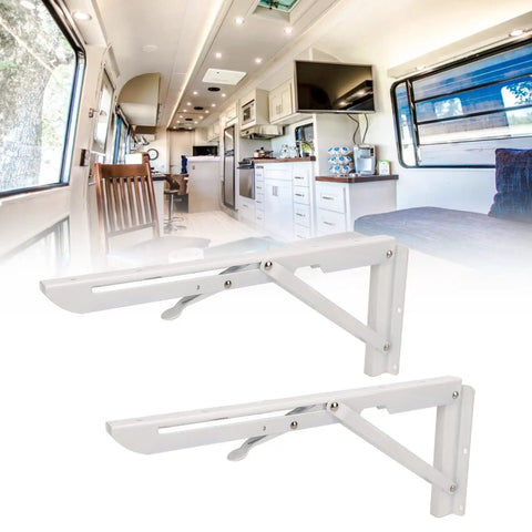 Beefy Wall Mount Folding Shelf Bracket for RVs and Boats, rustproof cold rolled steel, 90 kg load, shown in modern RV interior