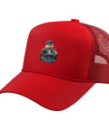Cool Red Machinist Trucker Hat With Structured Foam And Adjustable Mesh Back featuring a cartoon bear with tools.