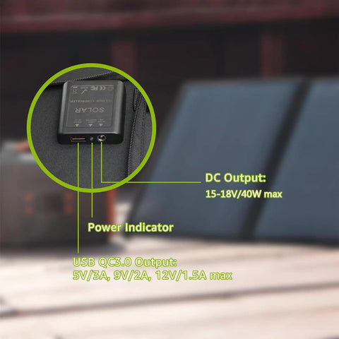 40W Portable Foldable Solar Panel Charger with Kickstand showing DC output, indicators, and USB QC3.0 Output specs.