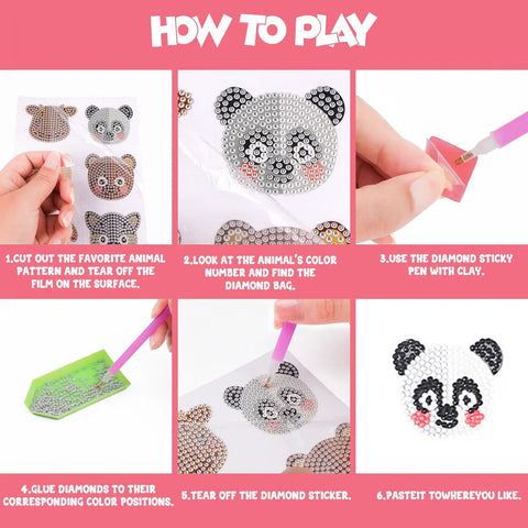 Easy Diamond Art Kit With Tools For Beginners showing steps for creating animal diamond art stickers, DIY craft guide.
