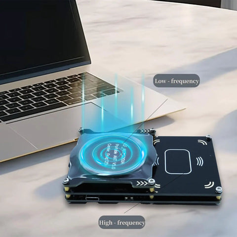 Proxmark3 Easy V5.0 512MB RFID Card Reader Writer IC Card Copier Duplicator with built-in antenna on a desk near a laptop.