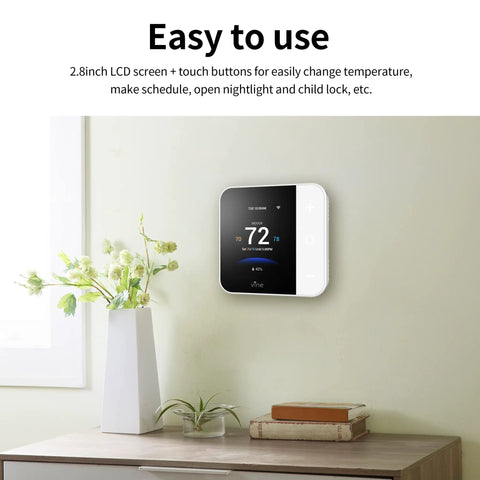 Smart WiFi Thermostat With 7 Day And 8 Period Programmable Schedule For Home Comfort, Alexa And Google Assistant Compatible, TJ-550, White on wall.