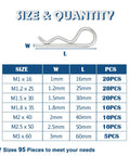 Size and quantity chart for 95 Piece Dope Stainless Steel Hitch Pin Clip Set With 7 Sizes R Shaped Cotter Pins Fasteners For Auto ATV Trailer And DIY Projects Includes M1x16 M1.2x25 M1.5x30 M1.8x35 M2x40 M2.5x50 And M3x6.