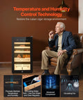 Man sitting beside Dope Electric Cigar Humidor Cabinet With Compressor Cooling 70 Liter Capacity Holds 400 Cigars in home setting.