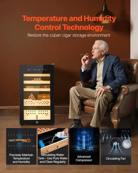 Man sitting beside Dope Electric Cigar Humidor Cabinet With Compressor Cooling 70 Liter Capacity Holds 400 Cigars in home setting.