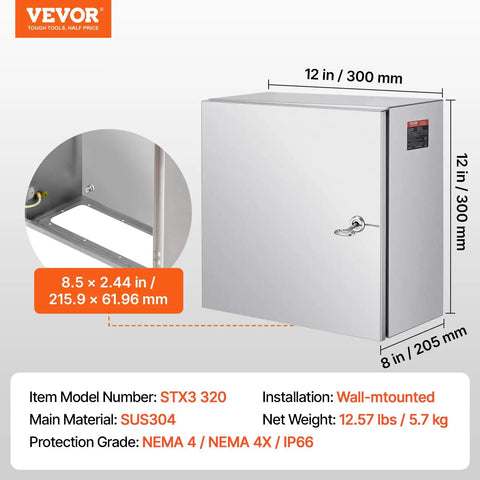 Heavy Duty Stainless Steel Electrical Enclosure Box 12x8x6 Built Tough As Nails Wall Mounted IP66 Weatherproof NEMA Outdoor Cabinet With Mounting Plate 304 Stainless Steel Corrosion Resistant shown with dimensions and installation details.