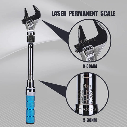 Adjustable Torque Wrench 5 To 30 Nm With 30mm Open End And Click Stop Changeable Head showing laser scale and Nm range