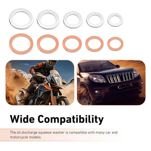 100 Piece Car Oil Drain Plug Crush Washer Set With 10 12 14 16 18mm Seals Copper Aluminum Gasket Kit shown with vehicles