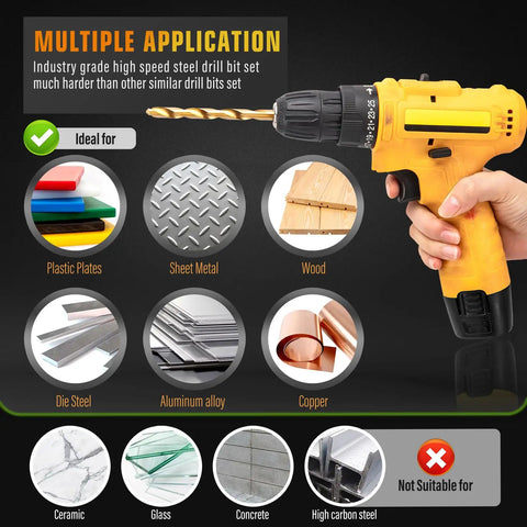 230 Pcs Drill Bit Set With 135 Degree Tip High Speed Steel Titanium Coated Twist Drill Bits showing multiple material applications