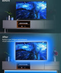 Before and after comparison of a TV setup with and without the 9.8 Ft USB Powered RGB LED TV Backlight Strip For 32 To 60 Inch Televisions With Remote Bluetooth App Control And Music Sync Color Changing Vibe To Cut Eye Strain And Elevate Movie Nights.