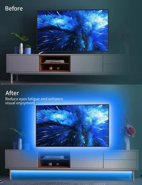 Before and after comparison of a TV setup with and without the 9.8 Ft USB Powered RGB LED TV Backlight Strip For 32 To 60 Inch Televisions With Remote Bluetooth App Control And Music Sync Color Changing Vibe To Cut Eye Strain And Elevate Movie Nights.