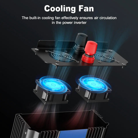 Cooling fans and terminals of Three Thousand Watt Power Inverter From 12V DC To 110V 120V AC With 6000W Peak LCD Display Remote Control