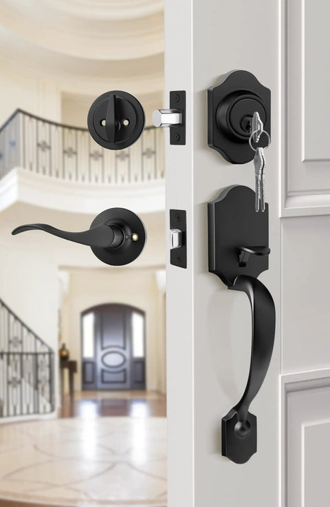 Matte Black Front Door Handle Set With Reversible Knob Classic Single Cylinder Front Door Lock Durable Front Door Hardware
