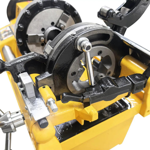 Close-up of Heavy Duty Electric Pipe Threading Machine Half To Two Inch NPT Threader 220V with detailed die heads.