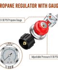 Adjustable 0 to 30 PSI Propane Regulator With Gauge And Stainless QCC1 Hose 5 Feet Length Three Eighths Flare To One Eighth MNPT Fittings
