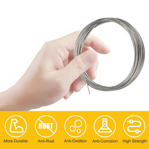 Hand holding One Sixteenth Inch Stainless Steel Wire Rope Kit, 100 Feet, Includes 50 Aluminum Crimping Sleeves, 7x7 Construction, durable cable.