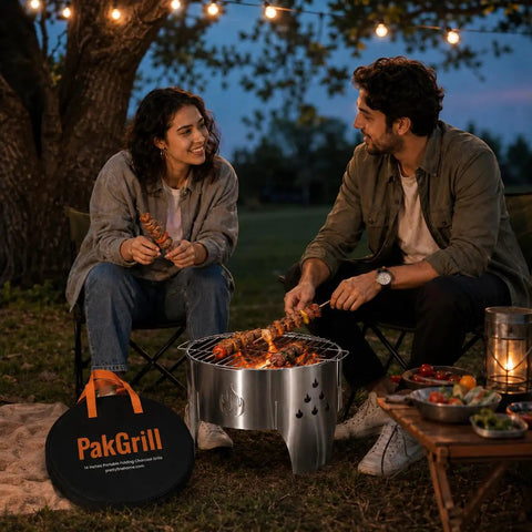 Portable 14 Inch Folding Campfire Grill With Carry Bag Stainless Steel Charcoal Grill For Camping Bonfires Picnics And Backyard Cooking Lightweight Durable Outdoor BBQ Gear being used by people at a nighttime picnic.