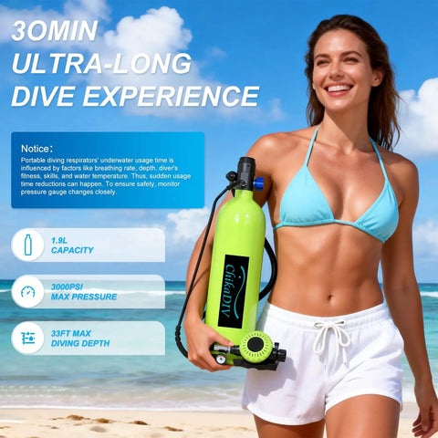 Smiling woman on beach holding 1.9L Mini Scuba Tank 1.9L Portable Lung Tank For Adult Divers, Dope Underwater Entertainment And Emergency Rescue