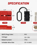 Red Wolf 175 Amp Battery Quick Connector And Jumper Cable Plug specification image showing dimensions and components of four-piece kit.