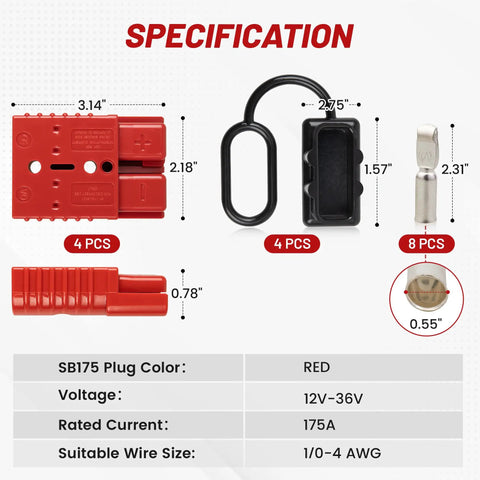 Red Wolf 175 Amp Battery Quick Connector And Jumper Cable Plug specification image showing dimensions and components of four-piece kit.
