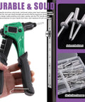 Person holding All In One Go-To Rivet Kit With Aluminum Blind Rivets And Manual Gun, 121 Pcs, close-up of interchangeable heads and drills