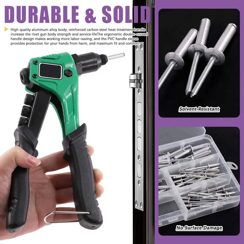 Person holding All In One Go-To Rivet Kit With Aluminum Blind Rivets And Manual Gun, 121 Pcs, close-up of interchangeable heads and drills