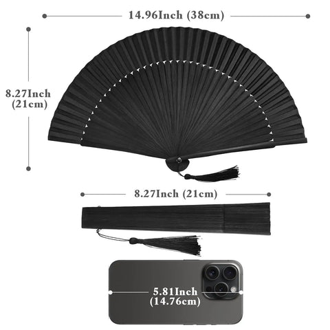 Image showing measurements of black hand fan for stage and rave dancers with elaborate design and satisfying snap clack.