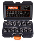 Open case showing 15 Piece Heavy Duty Bolt Extractor Set For Impact Three Eighth Inch Drive Remover Socket Tool Kit For Stripped Damaged Bolts Nuts Screws Removes Frozen Rusted Rounded Off Studs Chromium Molybdenum Steel Construction By YEKEPRO