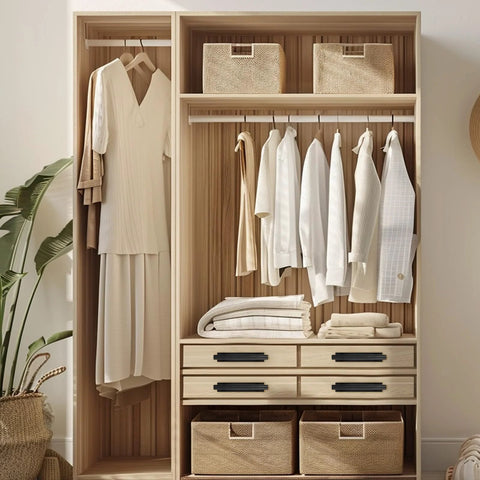 Wardrobe with 30 Pcs Self-Stick Cabinet Drawer Handles Pulls Black Peel And Stick Plastic Adhesive Door Handles, clothes hanging and baskets