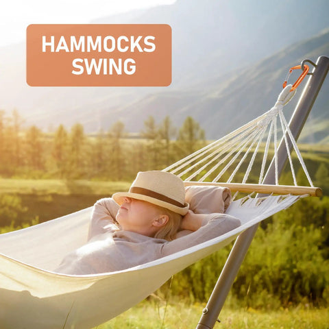 Person relaxing in hammock using Dope Lightweight 12KN Aluminum Carabiner Clip Wiregate Heavy Duty for hammocks camping.