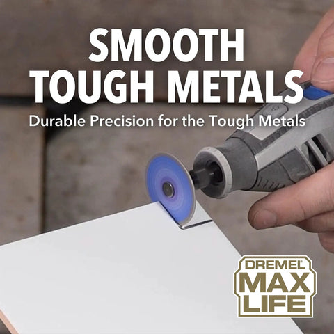 Max Life EZ545HP Diamond Wheel For Rotary Tools One And A Half Inch 38.1mm cutting through metal with rotary tool in use.